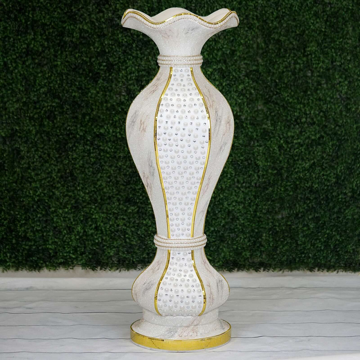 Shimmering Gold Glittered Marble Design Flower Pot Vase With Pearls and Mirror Mosaic Embellishment 40"