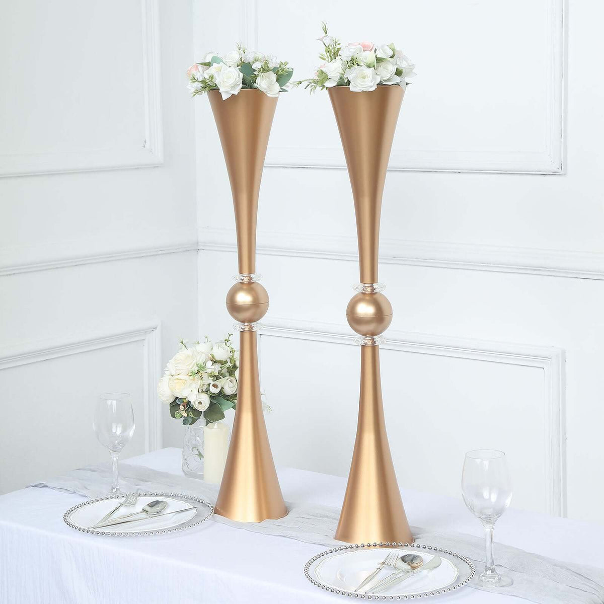 2 Pack Gold Crystal Embellishment Trumpet Table Centerpiece, Reversible Plastic Flower Vase 31"