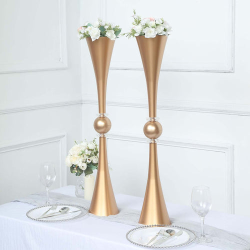 2 Pack Gold Crystal Embellishment Trumpet Table Centerpiece, Reversible Plastic Flower Vase 31"