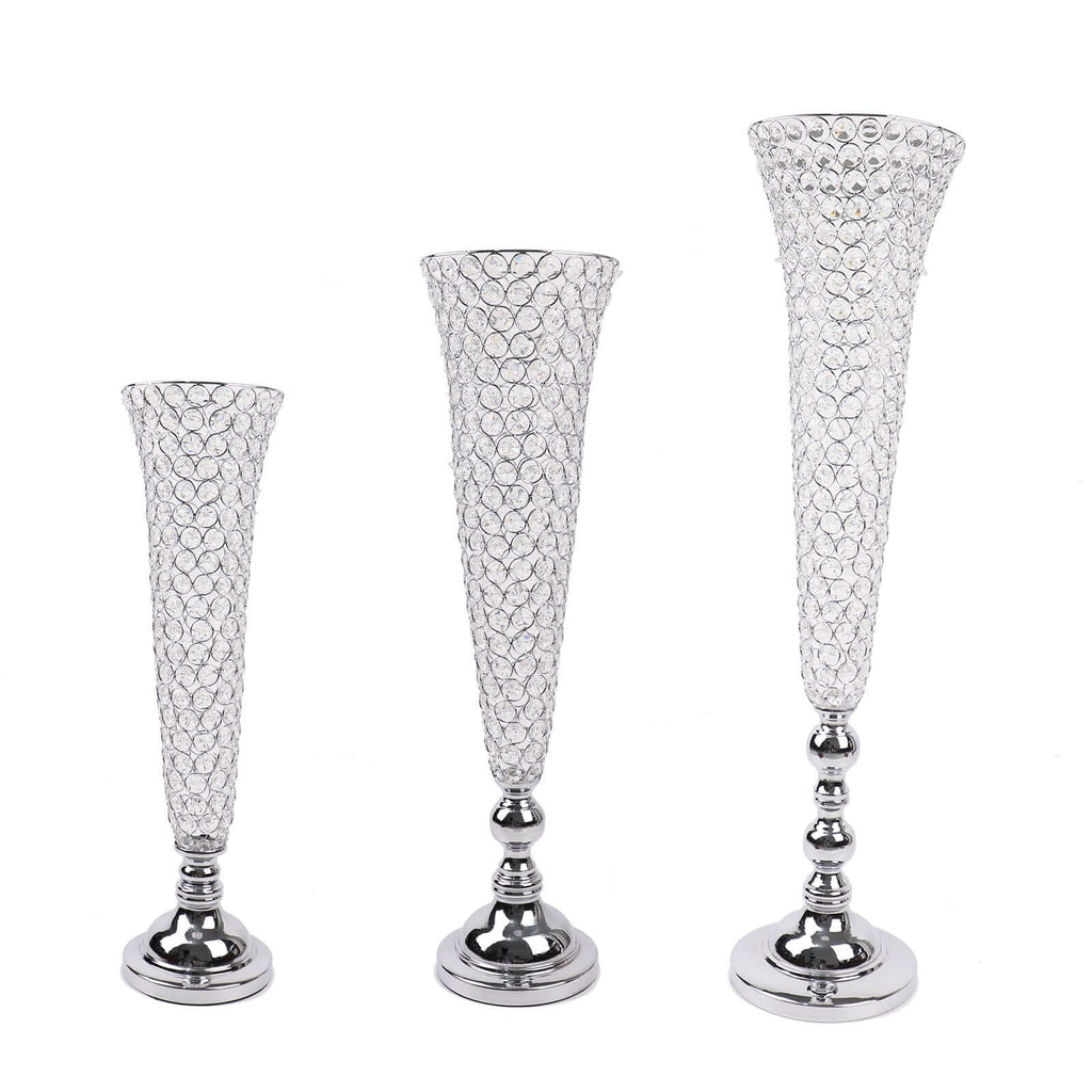 2-Pack Crystal Beaded Trumpet Vase Set 40" Silver - Table Centerpiece for Grand Occasions