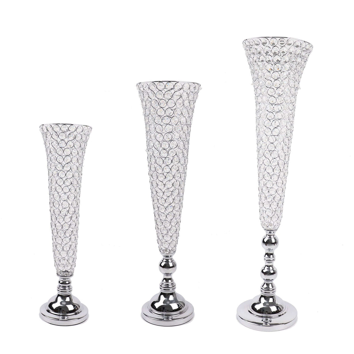 2-Pack Crystal Beaded Trumpet Vase Set 40" Silver - Table Centerpiece for Grand Occasions