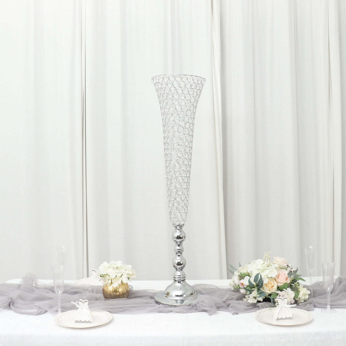 2-Pack Crystal Beaded Trumpet Vase Set 40" Silver - Table Centerpiece for Grand Occasions