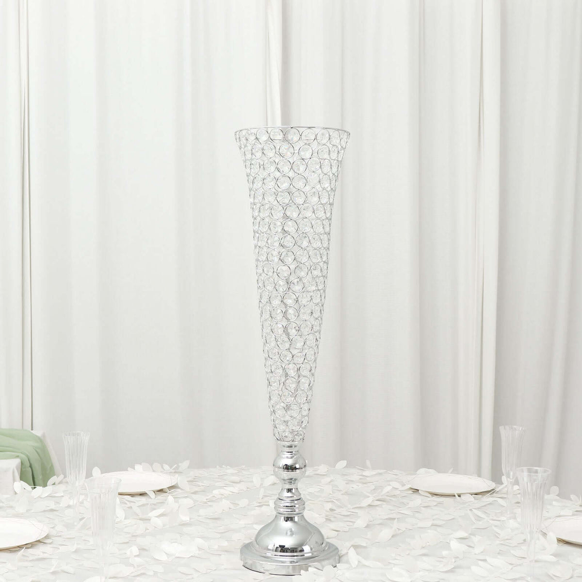 2-Pack Crystal Beaded Trumpet Vase Set 32" Silver - Table Centerpiece for Weddings and Events