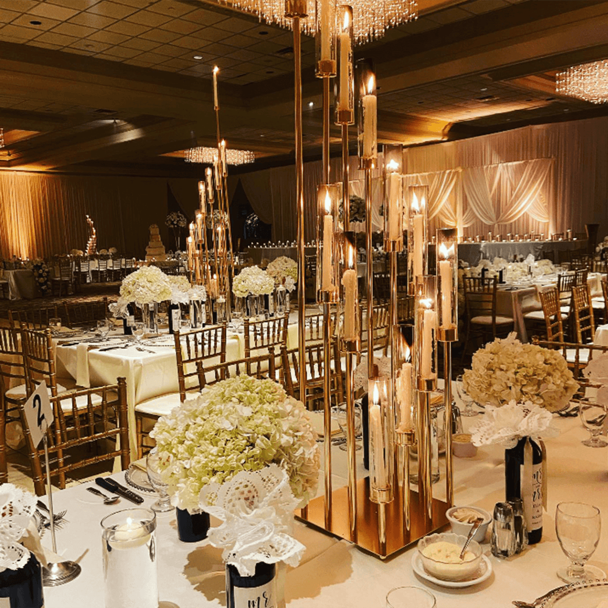 12-Arm Gold Cluster Taper Candle Holder with Clear Glass Shades 57" - Luxurious Large Candle Arrangement for Weddings