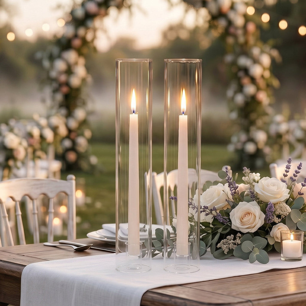 2 Pack Clear Glass Candelabra Shades, Open End Hurricane Design 20" Tall x 4" Dia - Cylinder Candle Covers