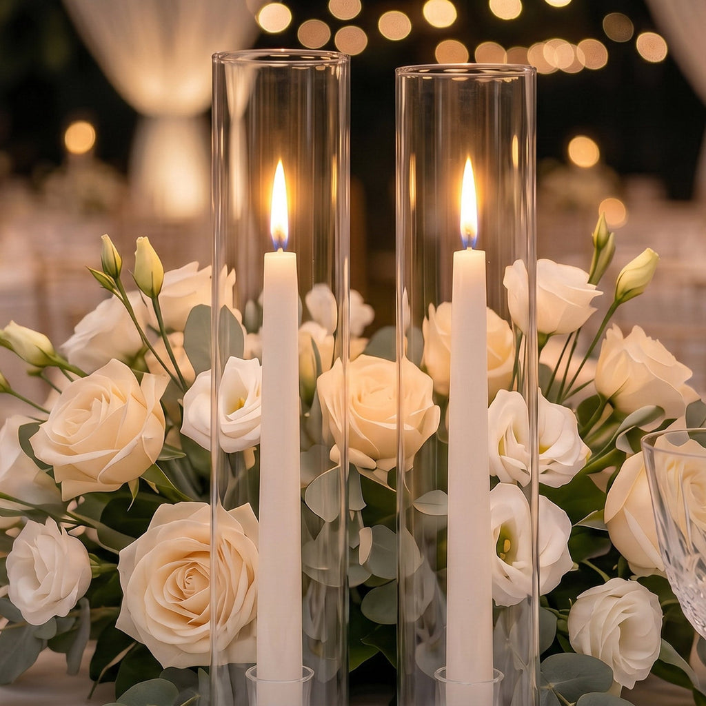 2 Pack Clear Glass Candelabra Shades, Open End Hurricane Design 20" Tall x 4" Dia - Cylinder Candle Covers