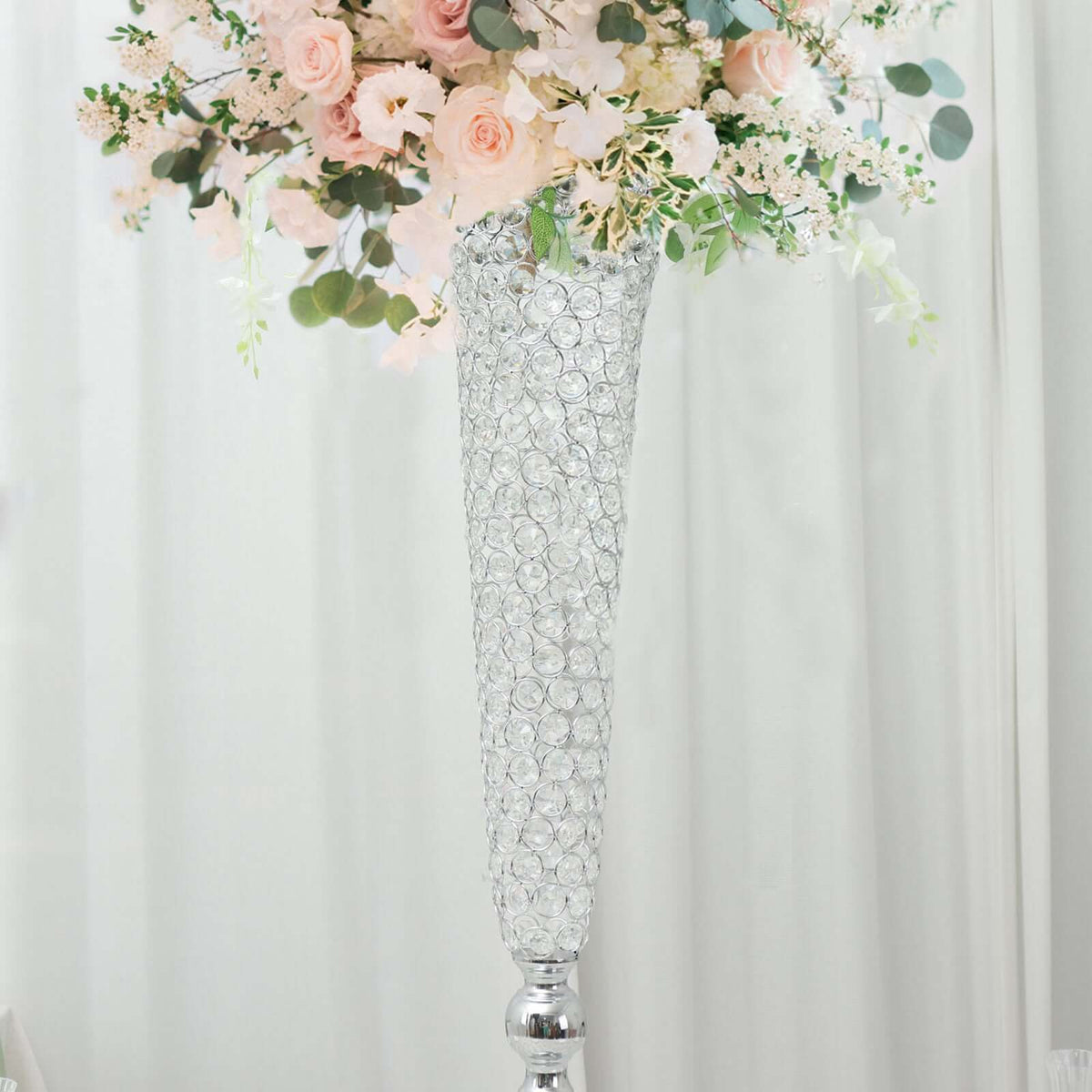 2-Pack Crystal Beaded Trumpet Vase Set 40" Silver - Table Centerpiece for Grand Occasions