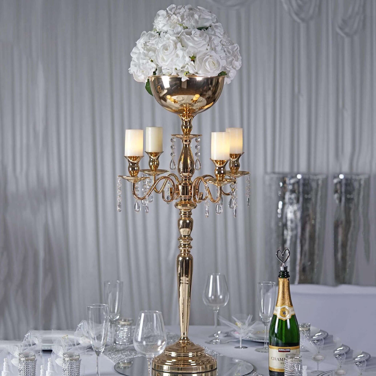 Metal Candelabra 33" 4 Arm Design Gold with Flower Vase Bowl - Table Centerpiece for Weddings