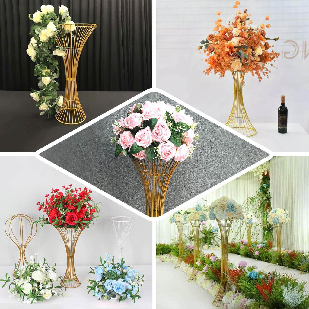 Gold Metal Wire Trumpet Shaped Flower Centerpiece Stand, Hourglass Open Frame Reversible Pedestal Prop 48" Tall