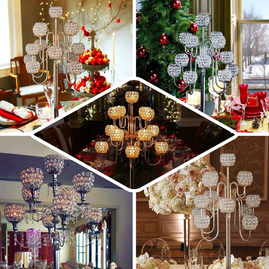 Metal Crystal Beaded Candelabra 40" Gold 13 Arm Design - Table Centerpiece for Events