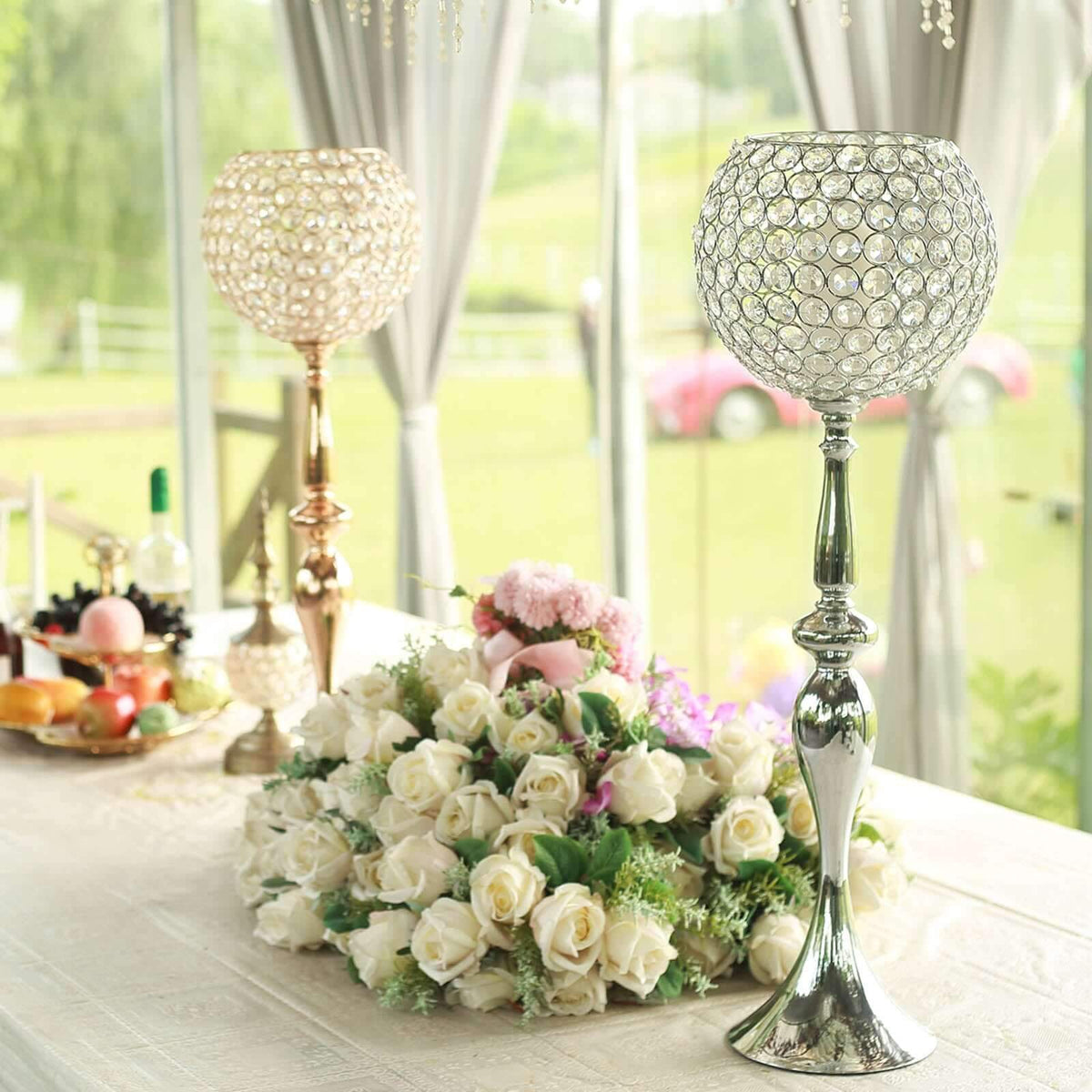 Acrylic Crystal Beaded Goblet Candle Holder 30" Silver - Majestic Flower Ball Centerpiece Stand for Wedding Party Event Decor