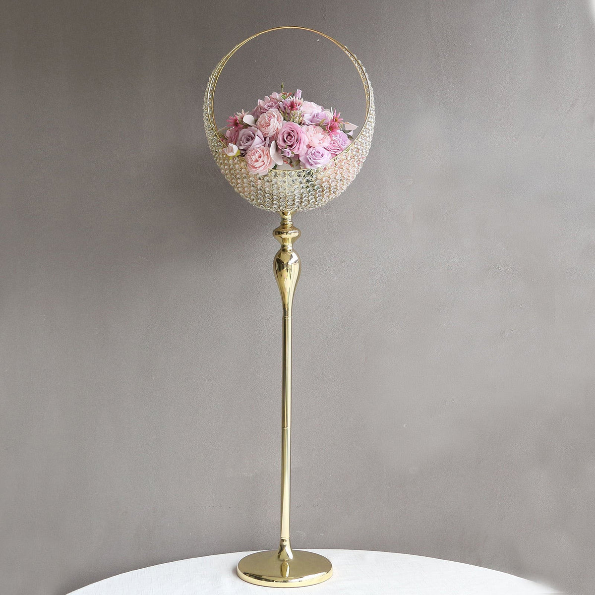 Metal Crystal Beaded Candle Holder Stand 4.5ft Tall - Half Moon Basket Design Gold Wedding Flower Centerpiece with Round Stable Base
