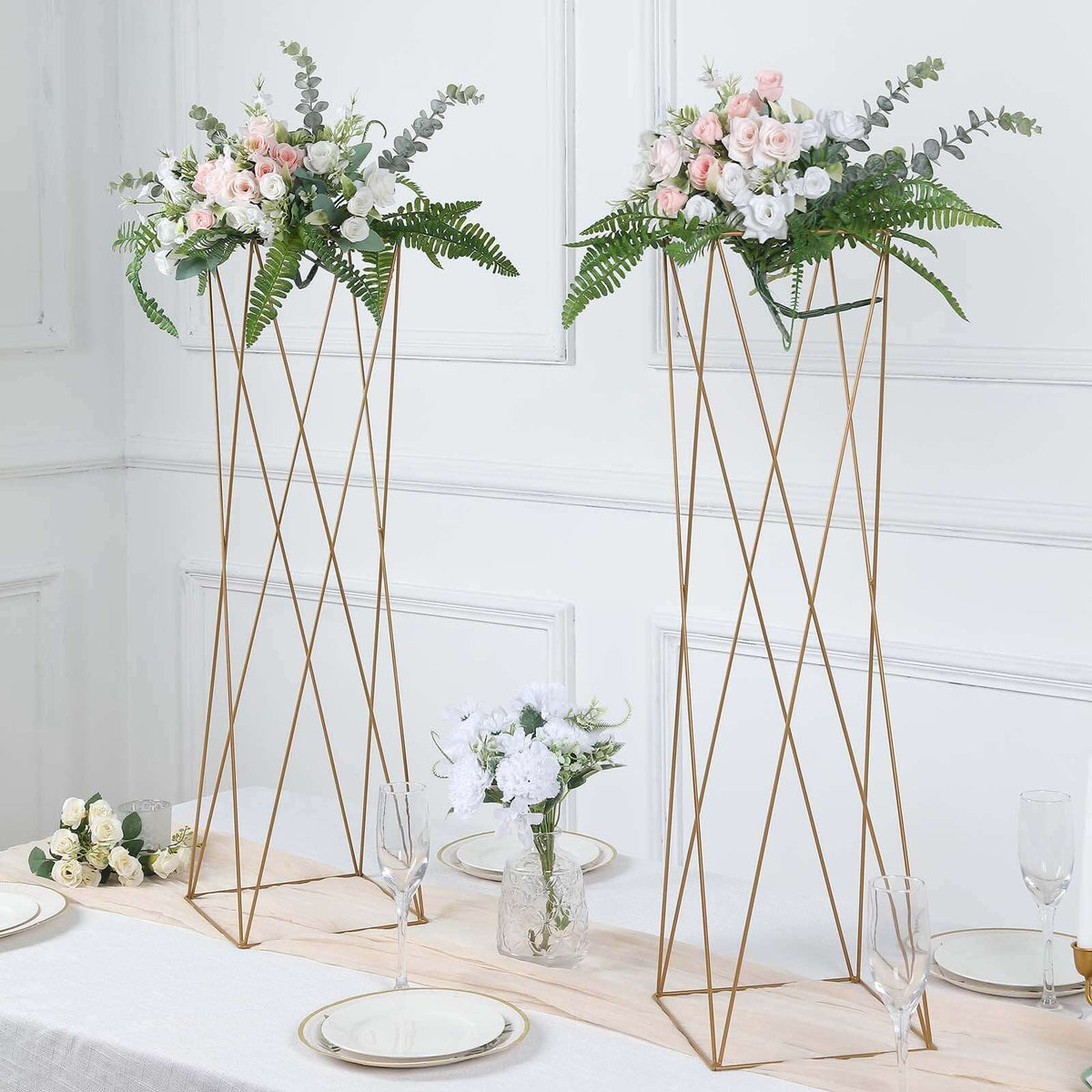 2-Pack Metal Pedestal Stands 32" Gold Geometric Crisscross Design - Open Column Wedding Centerpieces