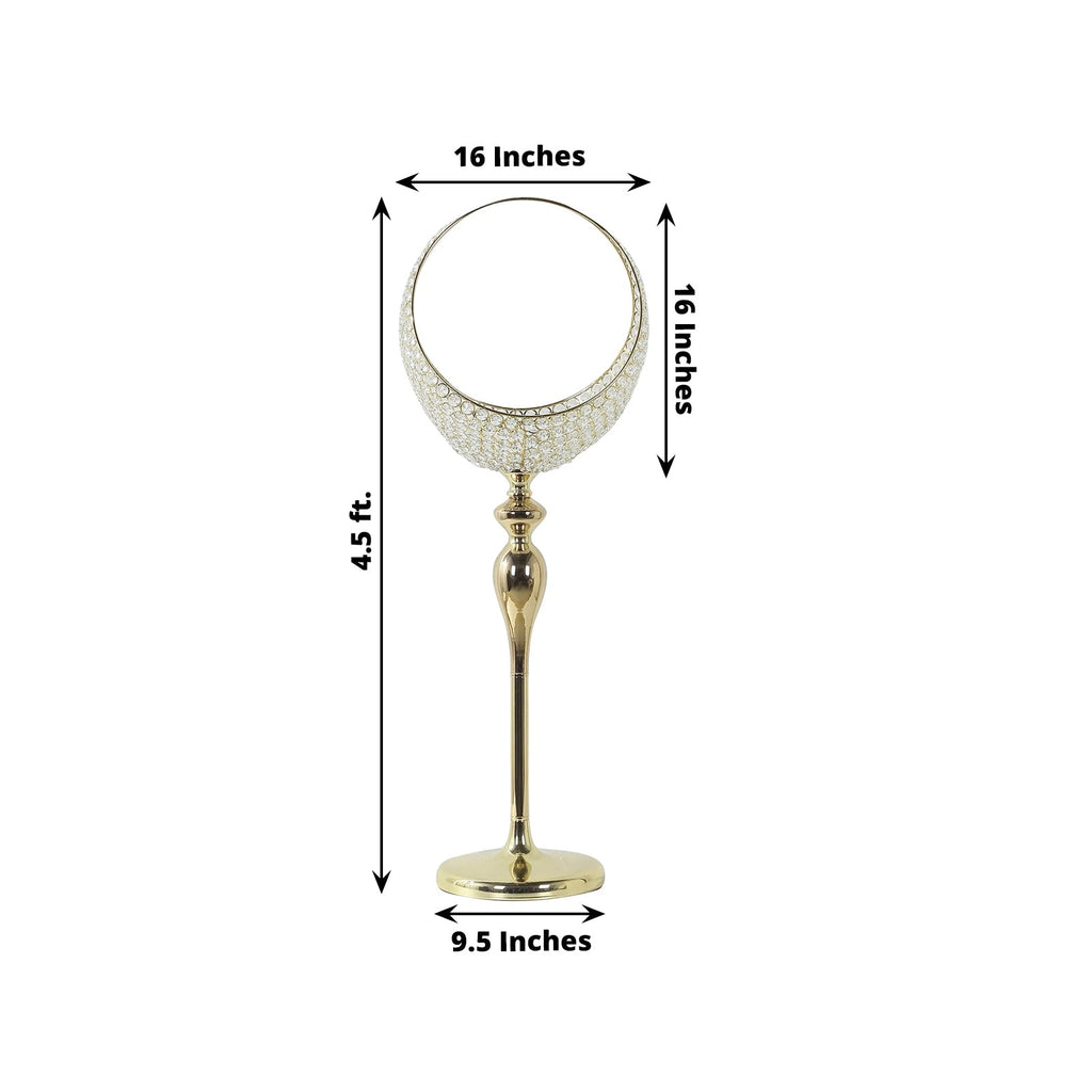 Metal Crystal Beaded Candle Holder Stand 4.5ft Tall - Half Moon Basket Design Gold Wedding Flower Centerpiece with Round Stable Base
