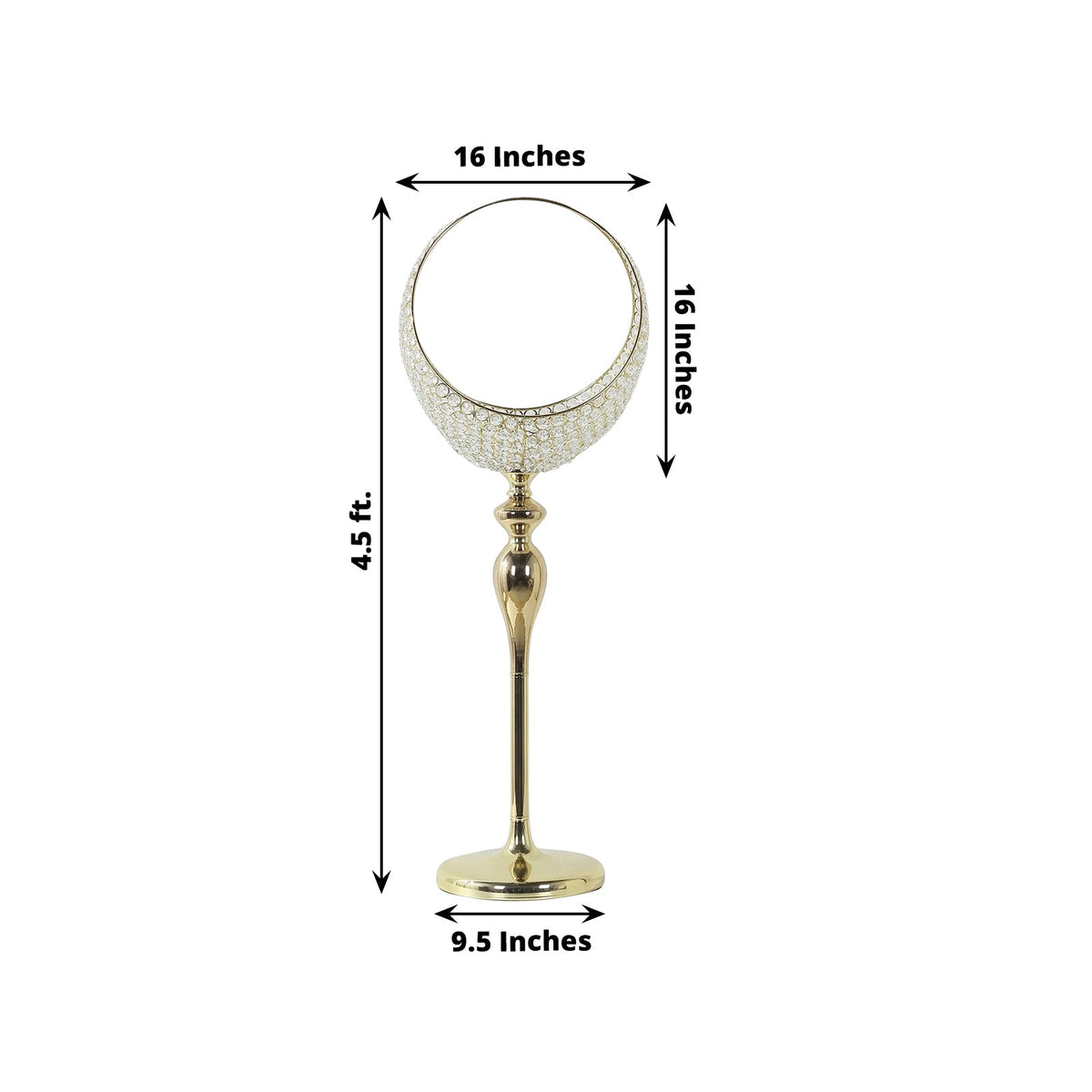 Metal Crystal Beaded Candle Holder Stand 4.5ft Tall - Half Moon Basket Design Gold Wedding Flower Centerpiece with Round Stable Base