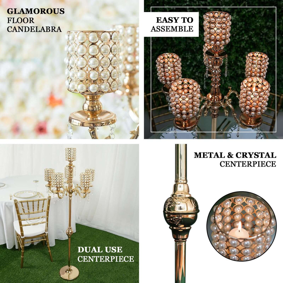 Metal Pearl Beaded Candelabra in Gold 6-Arm with Crystal Chandelier Pendants, Adjustable Table Centerpiece