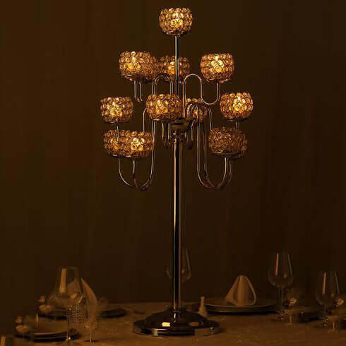 Metal Crystal Beaded Candelabra 40" Silver 13 Arm Design - Table Centerpiece for Events