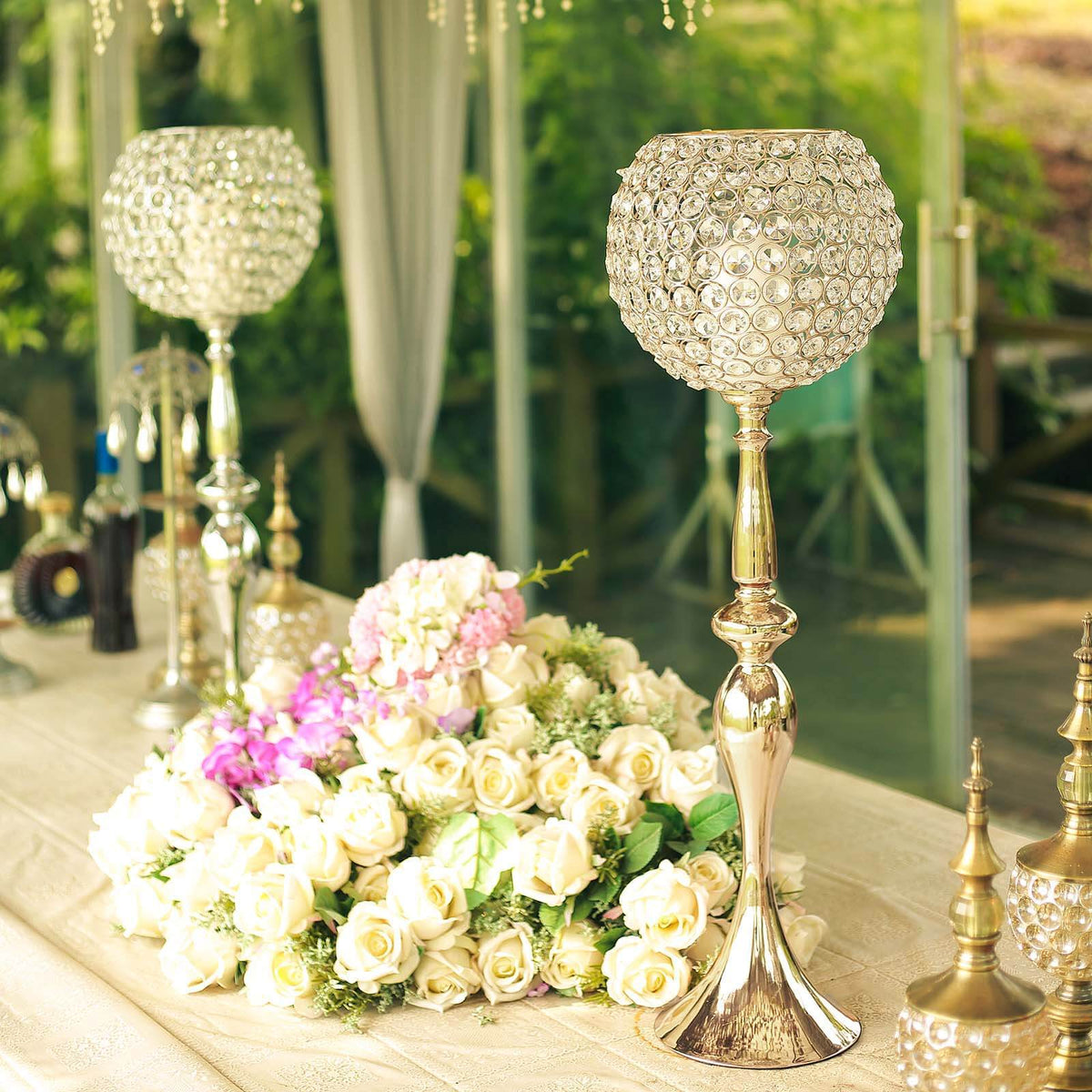 Acrylic Crystal Beaded Goblet Candle Holder 30" Gold - Majestic Flower Ball Centerpiece Stand for Wedding Party Event Decor