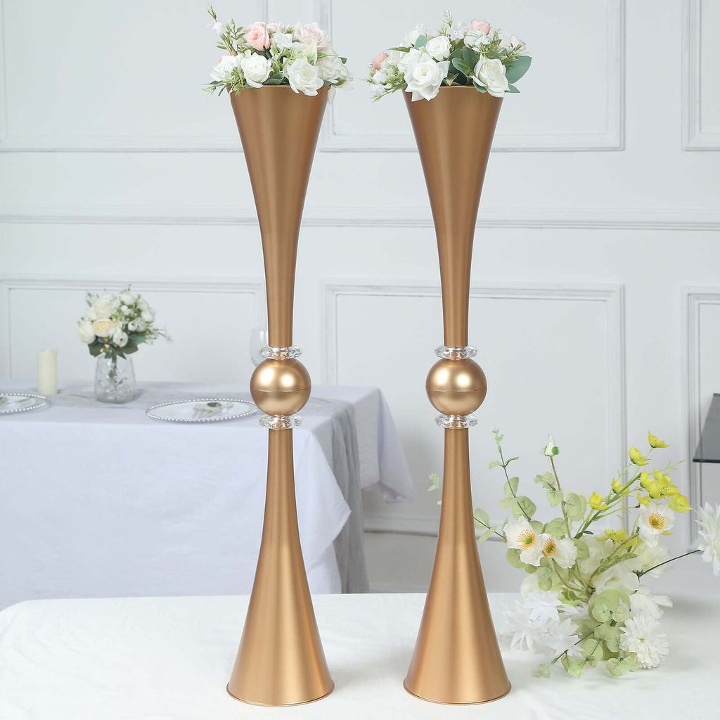 2 Pack Gold Crystal Embellishment Trumpet Table Centerpiece, Reversible Plastic Flower Vase 31"