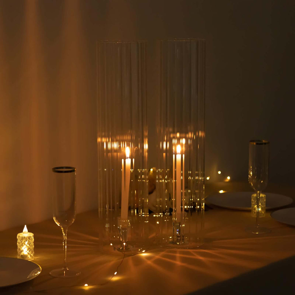 2-Pack Ribbed Glass Candelabra Shades Open End Hurricane Design 20" Clear - Sleek Table Centerpiece for Stylish Decor