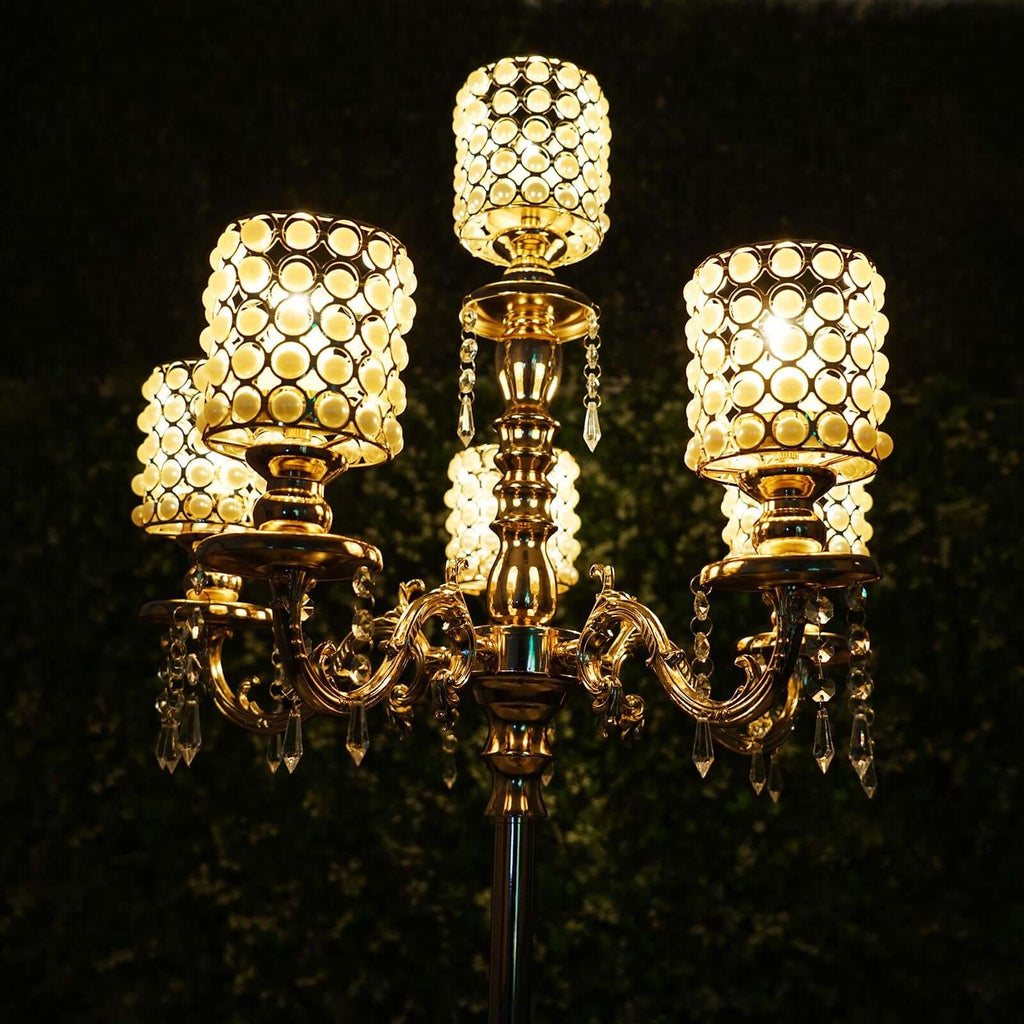 Metal Pearl Beaded Candelabra in Gold 6-Arm with Crystal Chandelier Pendants, Adjustable Table Centerpiece