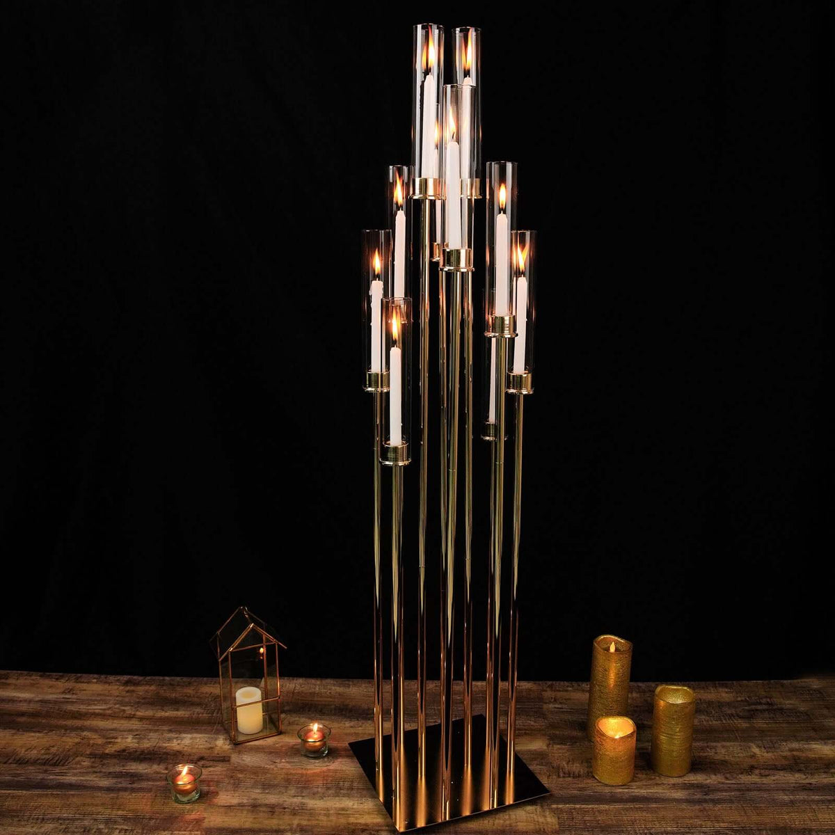10-Arm Gold Cluster Taper Candle Holder with Clear Glass Shades 50" - Stylish Large Candle Arrangement for Events