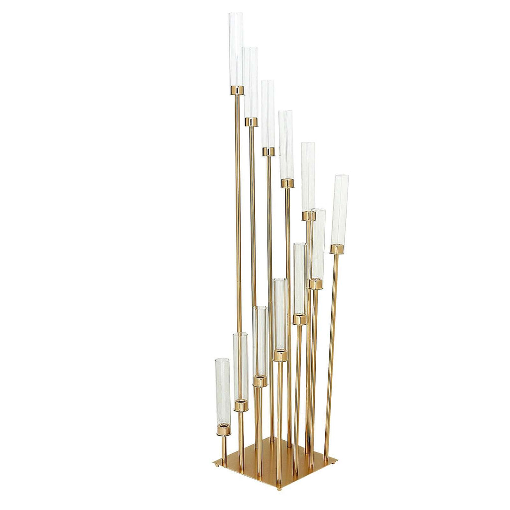 12-Arm Gold Cluster Taper Candle Holder with Clear Glass Shades 57" - Luxurious Large Candle Arrangement for Weddings