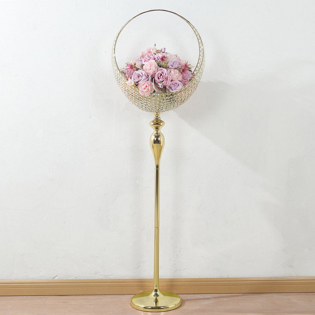 Metal Crystal Beaded Candle Holder Stand 4.5ft Tall - Half Moon Basket Design Gold Wedding Flower Centerpiece with Round Stable Base