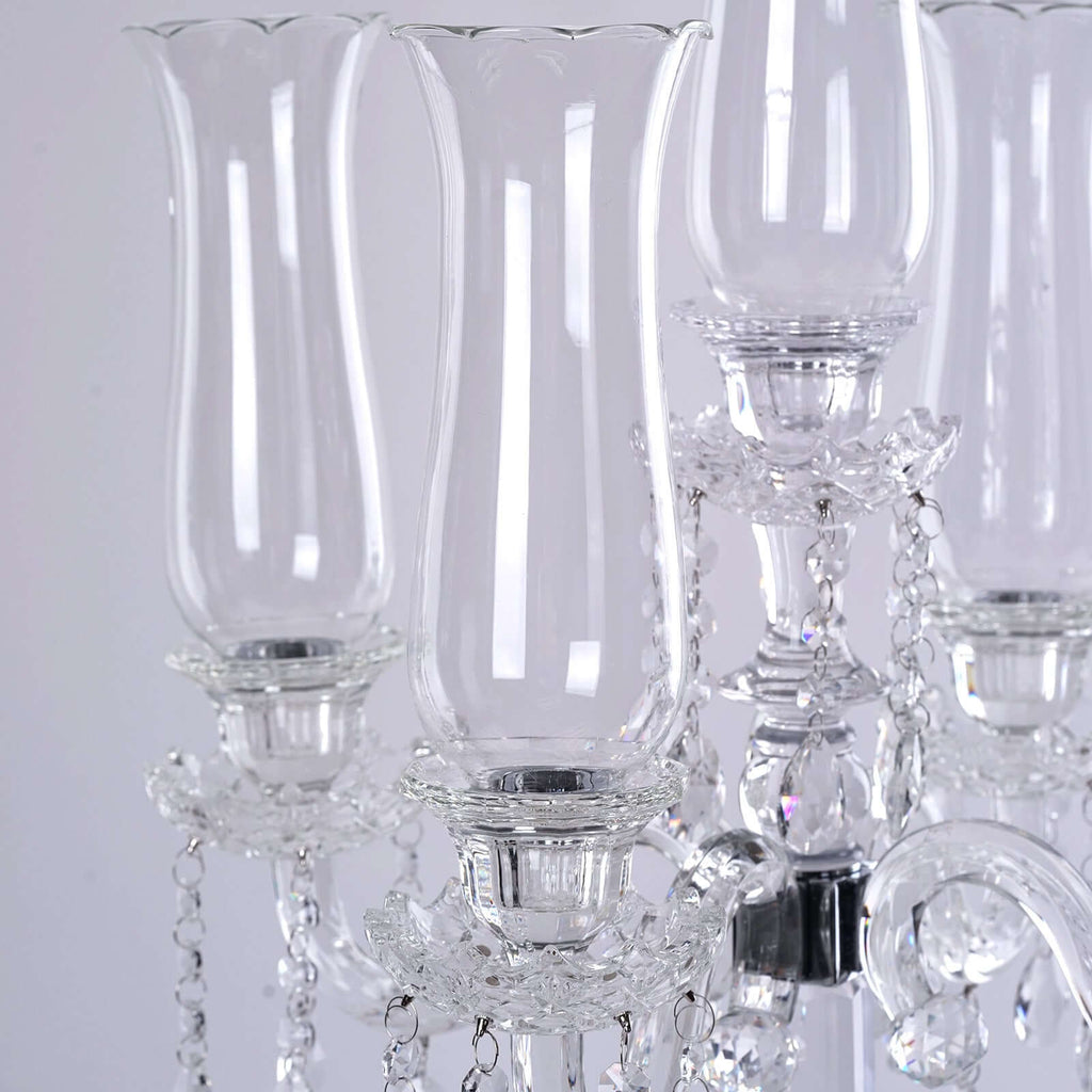 5 Arm Crystal Glass Taper Candle Holder Candelabra 32" - Stylish Table Centerpiece With Chandelier Chains