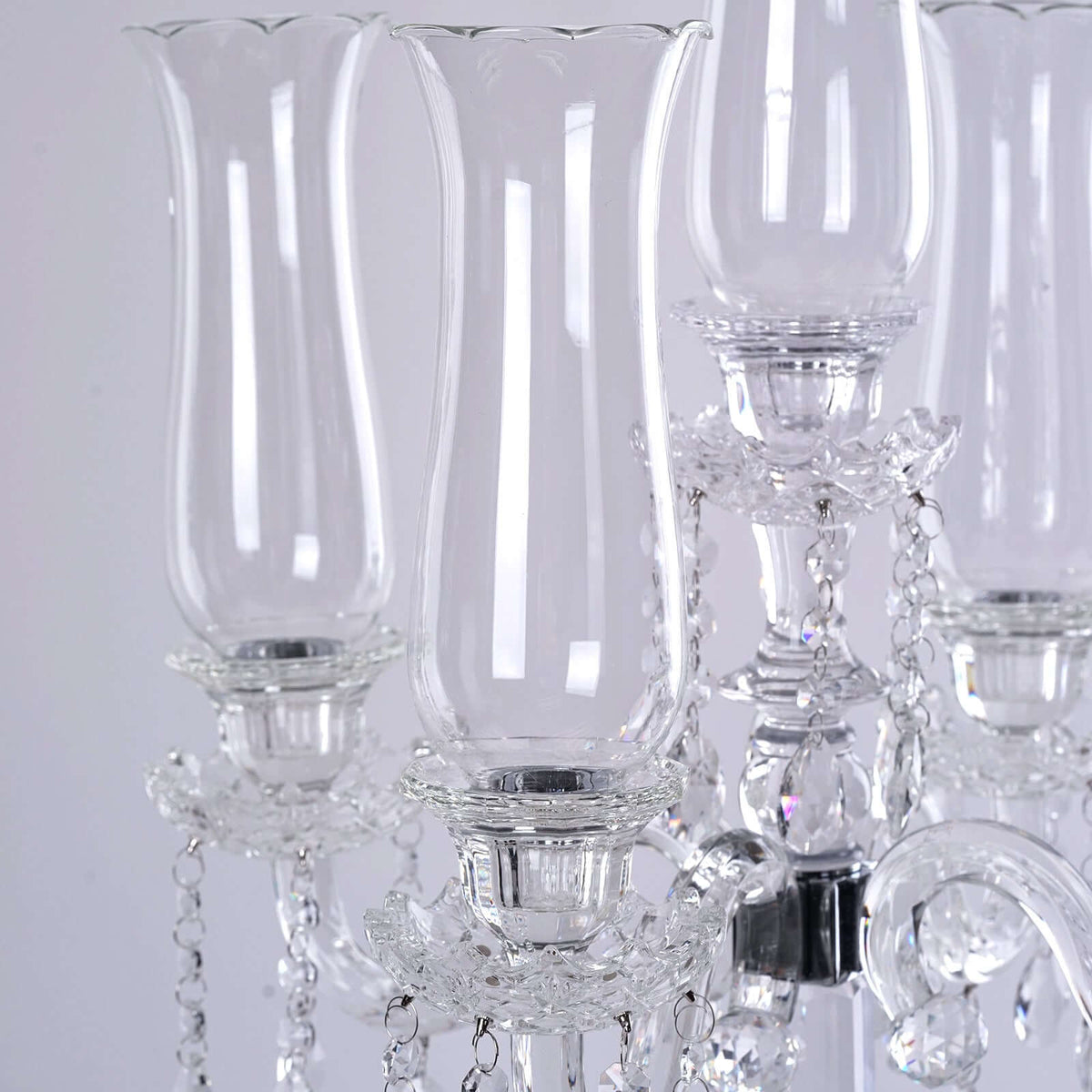 5 Arm Crystal Glass Taper Candle Holder Candelabra 32" - Stylish Table Centerpiece With Chandelier Chains