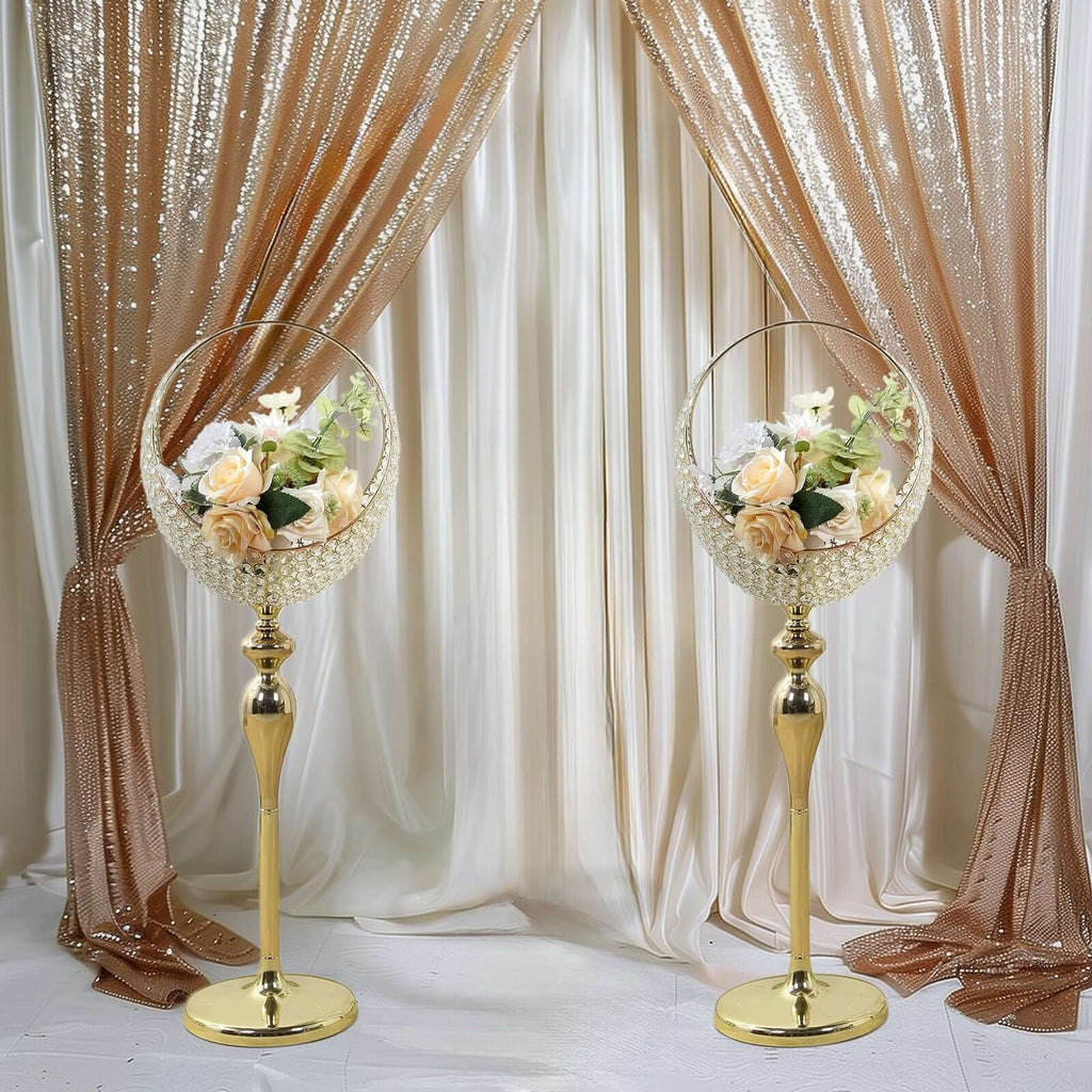 Metal Crystal Beaded Candle Holder Stand 3ft Tall - Half Moon Basket Design Gold Wedding Flower Centerpiece with Round Stable Base