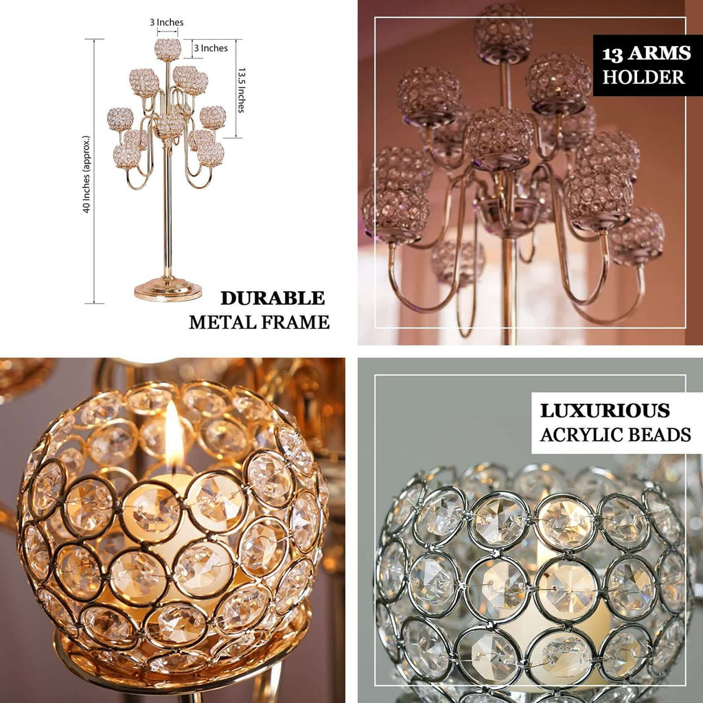 Metal Crystal Beaded Candelabra 40" Gold 13 Arm Design - Table Centerpiece for Events