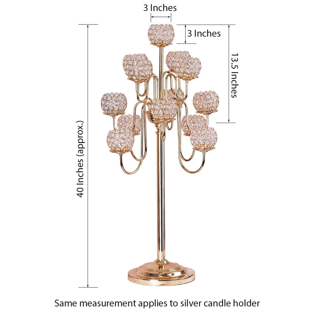 Metal Crystal Beaded Candelabra 40" Gold 13 Arm Design - Table Centerpiece for Events