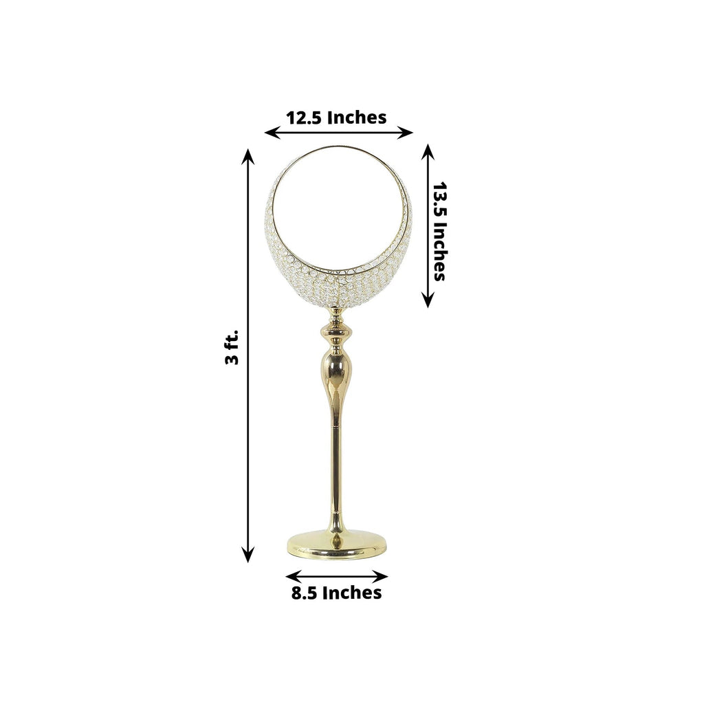 Metal Crystal Beaded Candle Holder Stand 3ft Tall - Half Moon Basket Design Gold Wedding Flower Centerpiece with Round Stable Base