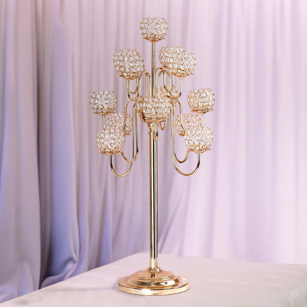 Metal Crystal Beaded Candelabra 40" Gold 13 Arm Design - Table Centerpiece for Events