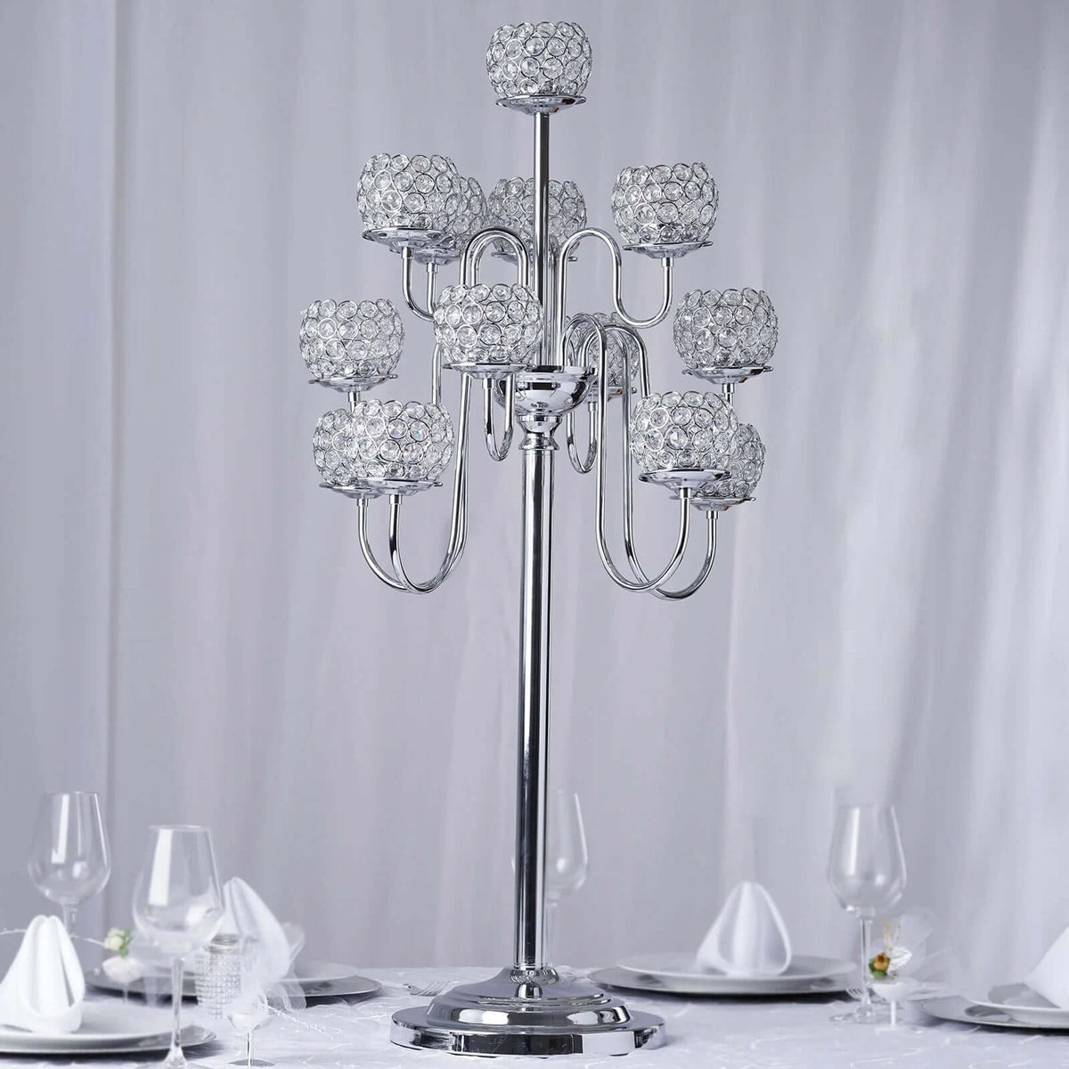 Metal Crystal Beaded Candelabra 40" Silver 13 Arm Design - Table Centerpiece for Events