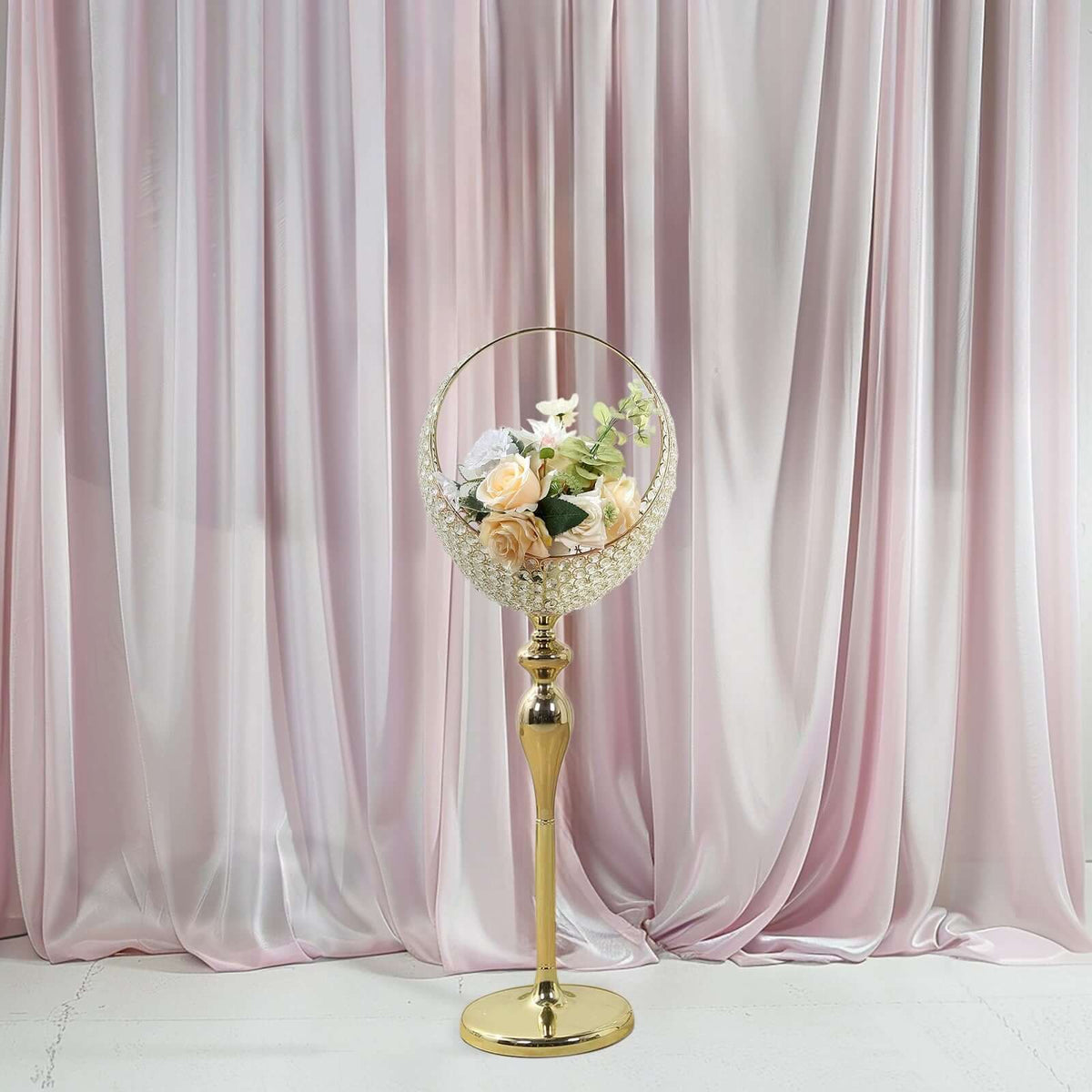 Metal Crystal Beaded Candle Holder Stand 3ft Tall - Half Moon Basket Design Gold Wedding Flower Centerpiece with Round Stable Base