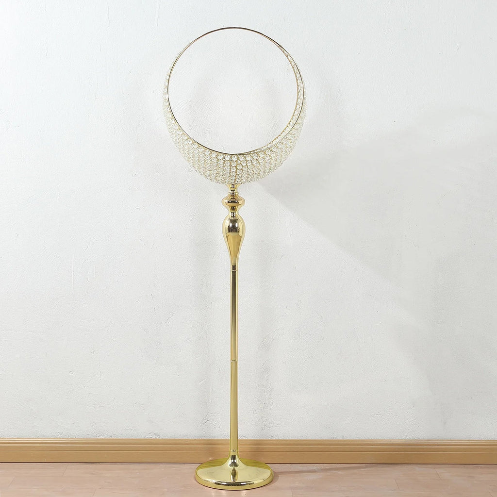 Metal Crystal Beaded Candle Holder Stand 4.5ft Tall - Half Moon Basket Design Gold Wedding Flower Centerpiece with Round Stable Base