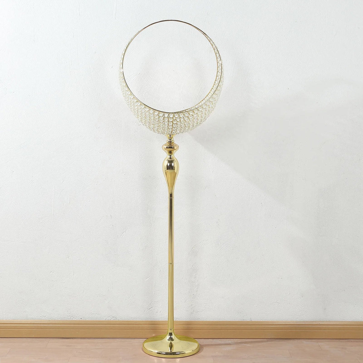 Metal Crystal Beaded Candle Holder Stand 4.5ft Tall - Half Moon Basket Design Gold Wedding Flower Centerpiece with Round Stable Base