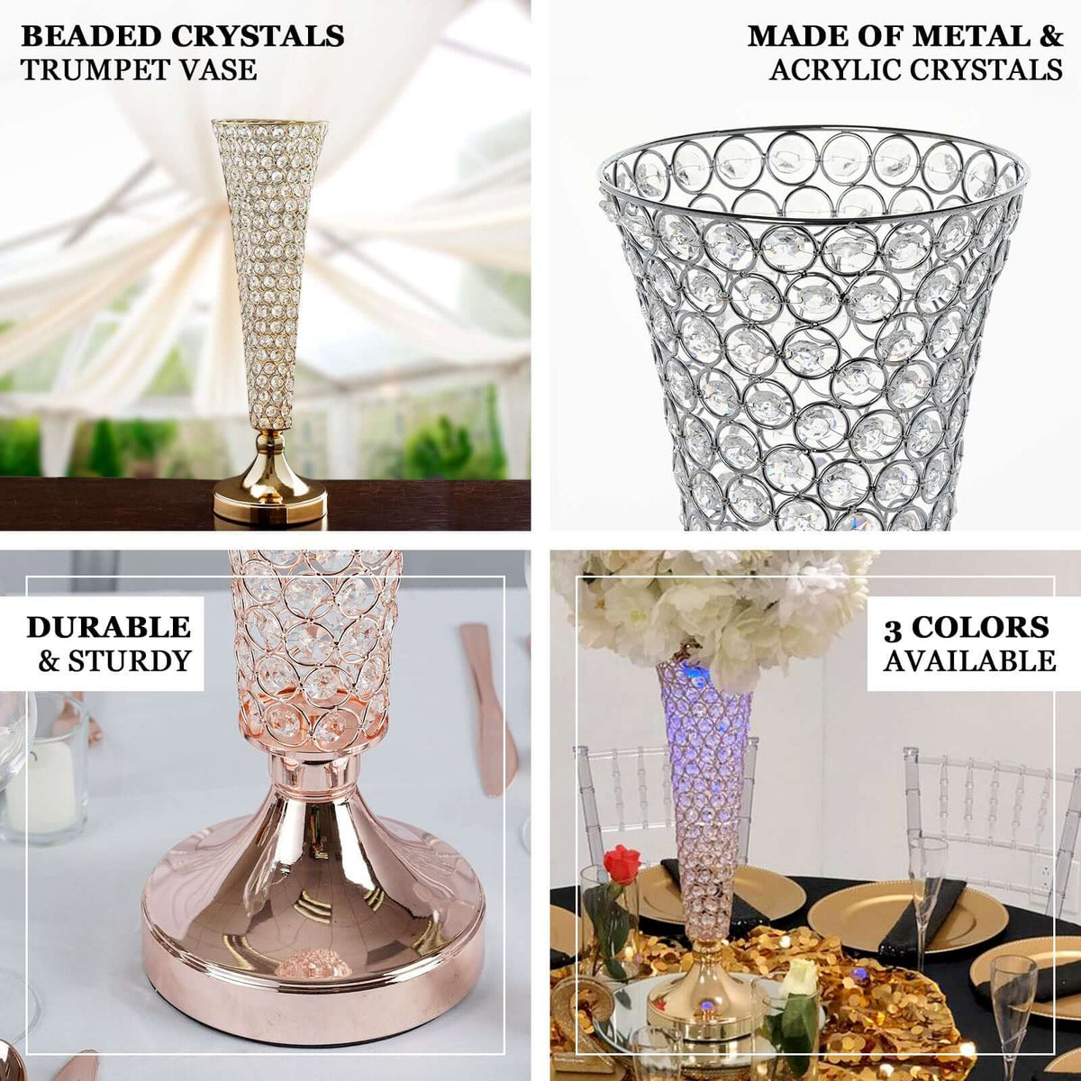 2-Pack Crystal Beaded Trumpet Vase Set 40" Silver - Table Centerpiece for Grand Occasions