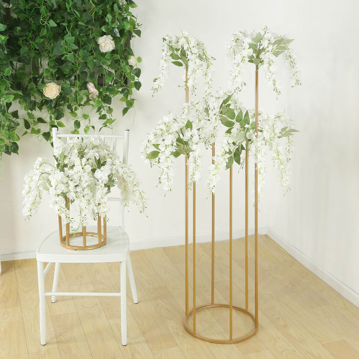 Gold Metal Flower Centerpiece 4ft 6-Tubes Minimalist Round Base Design - Single Stem Bud Vase for Floral Arrangements