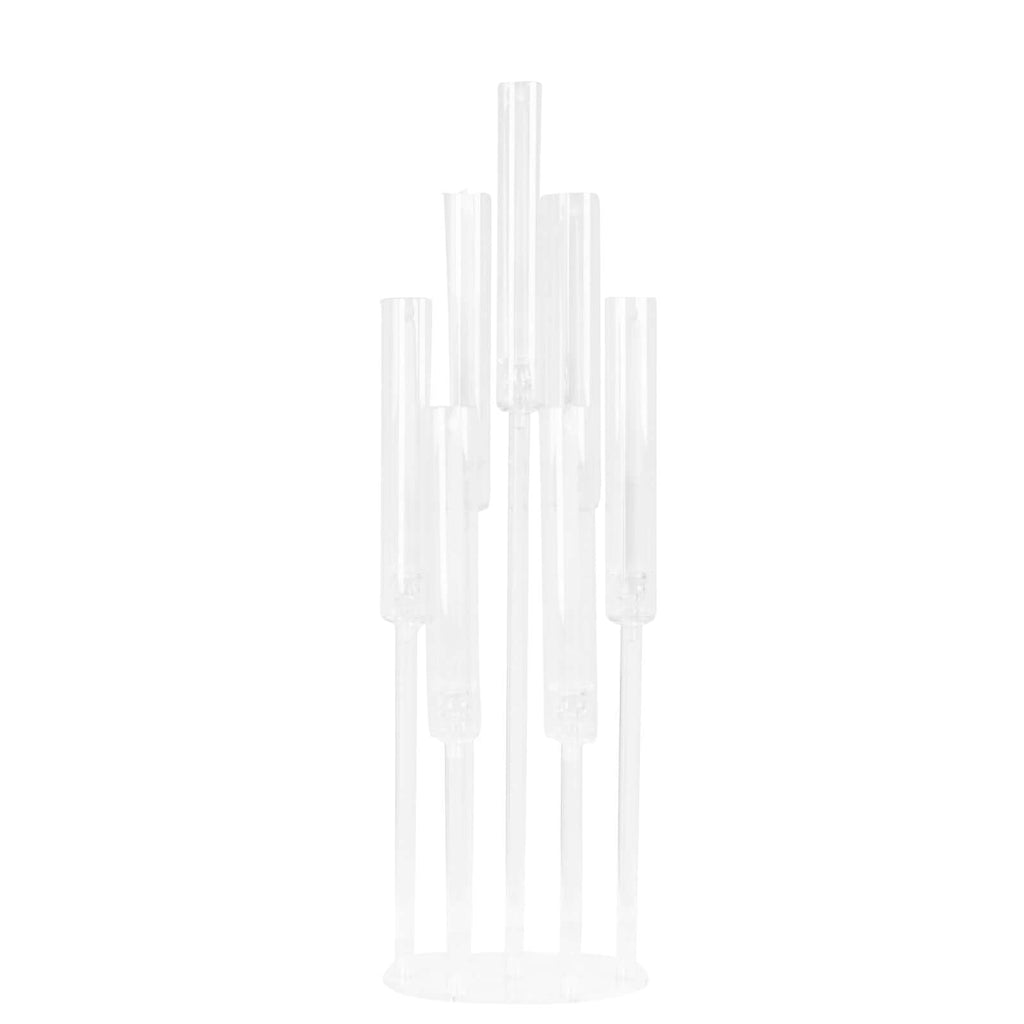 7-Arm Acrylic Cluster Round Taper Candelabra with Circular Base 33" Clear - Sophisticated Pillar Candle Holder Table Centerpiece for Events