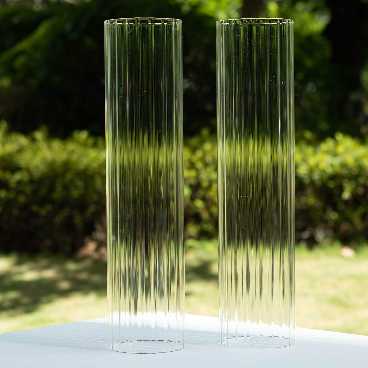 2-Pack Ribbed Glass Candelabra Shades Open End Hurricane Design 20" Clear - Sleek Table Centerpiece for Stylish Decor