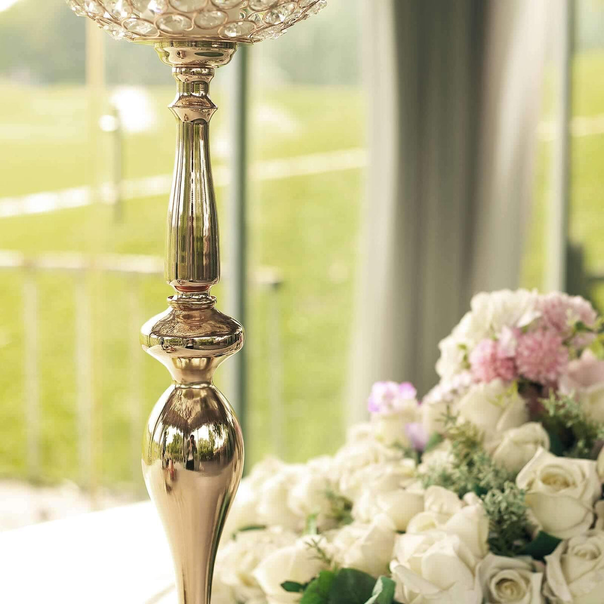 Acrylic Crystal Beaded Goblet Candle Holder 30" Gold - Majestic Flower Ball Centerpiece Stand for Wedding Party Event Decor