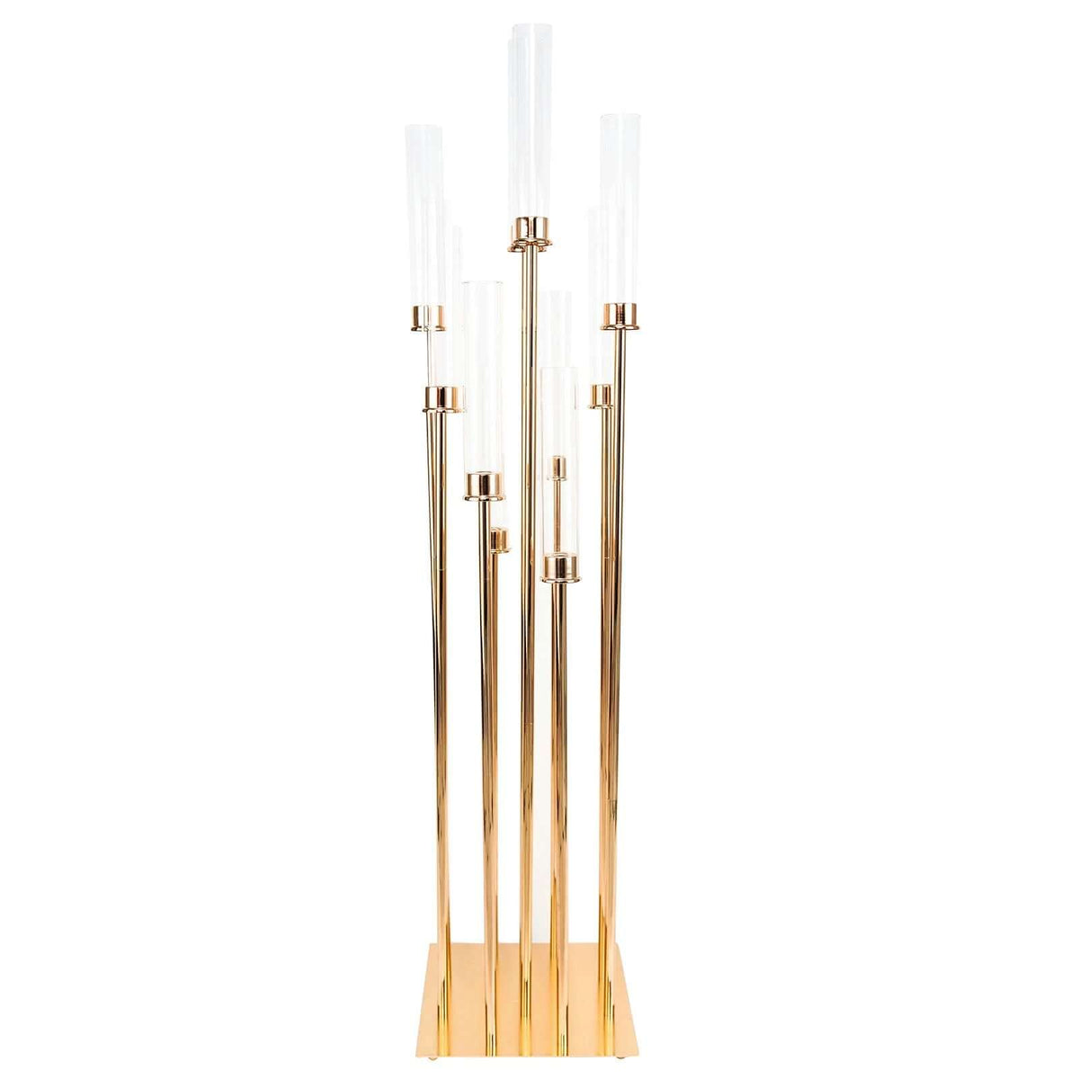 10-Arm Gold Cluster Taper Candle Holder with Clear Glass Shades 50" - Stylish Large Candle Arrangement for Events