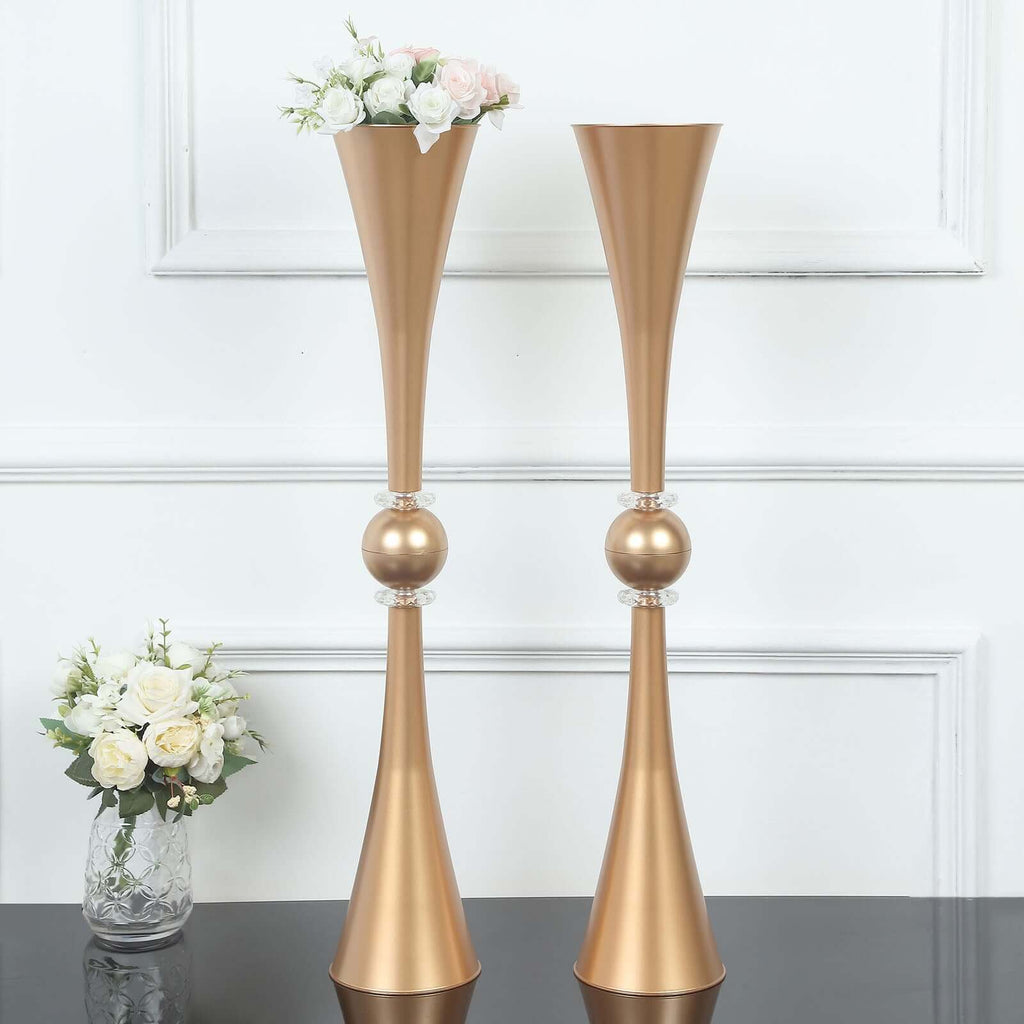 2 Pack Gold Crystal Embellishment Trumpet Table Centerpiece, Reversible Plastic Flower Vase 31"