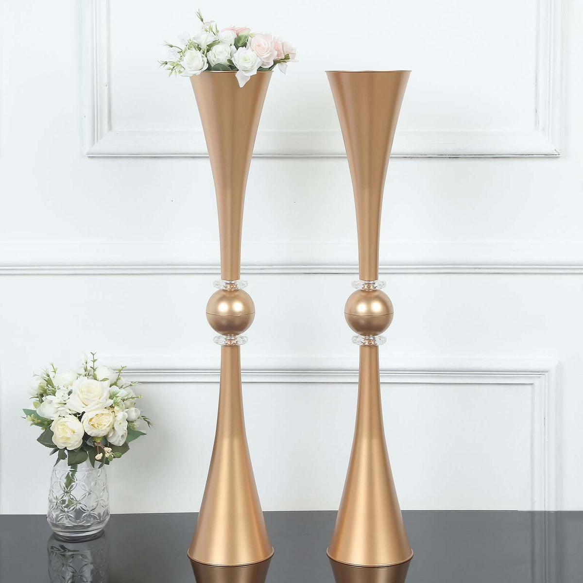 2 Pack Gold Crystal Embellishment Trumpet Table Centerpiece, Reversible Plastic Flower Vase 31"