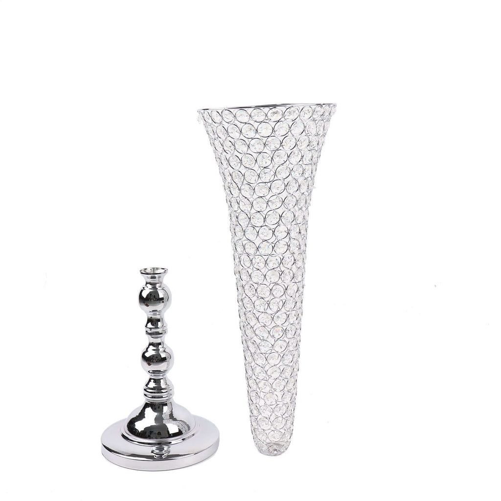 2-Pack Crystal Beaded Trumpet Vase Set 40" Silver - Table Centerpiece for Grand Occasions