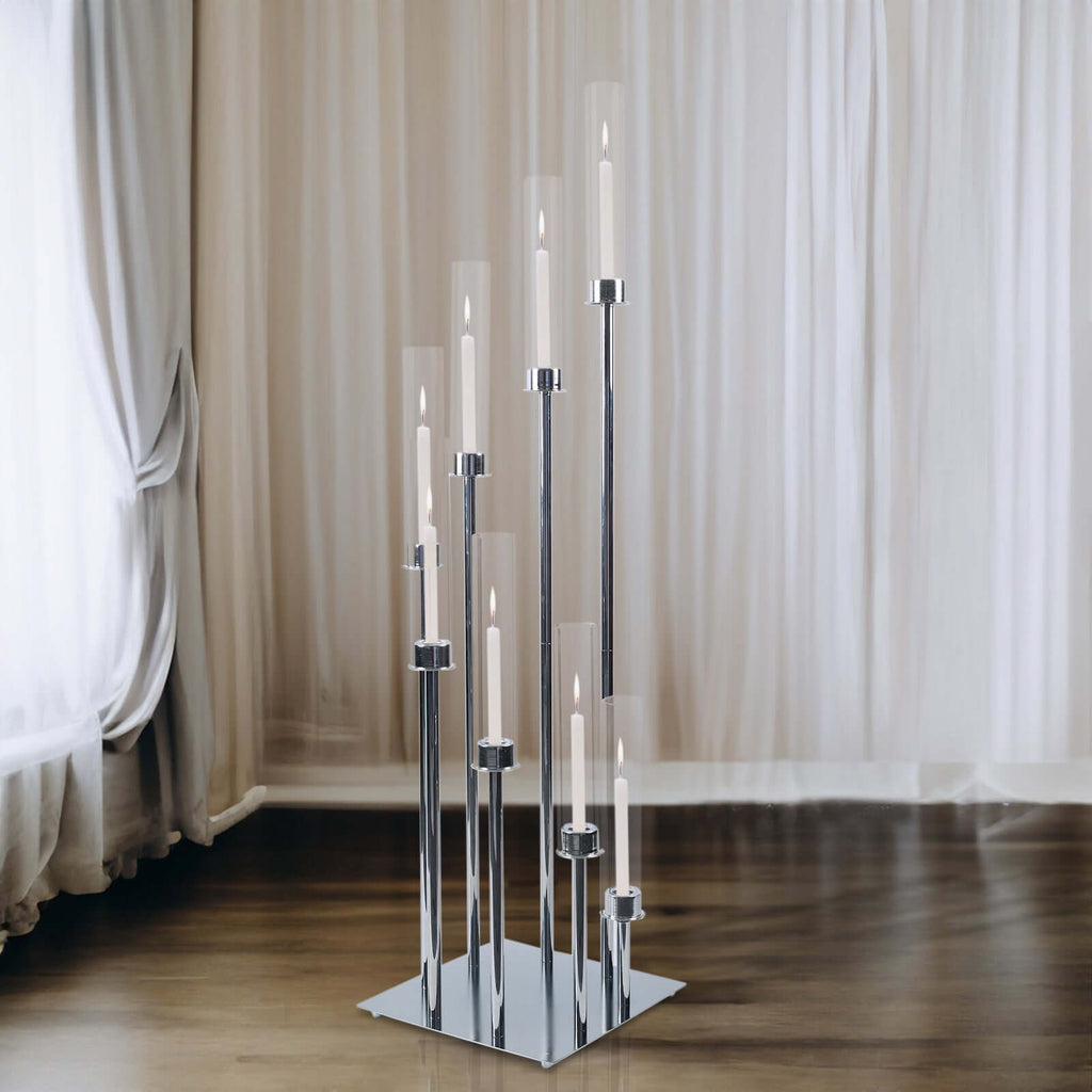 8 Arm Cluster Taper Candle Holder 42" Silver With Clear Glass Shades - Large Candle Arrangement
