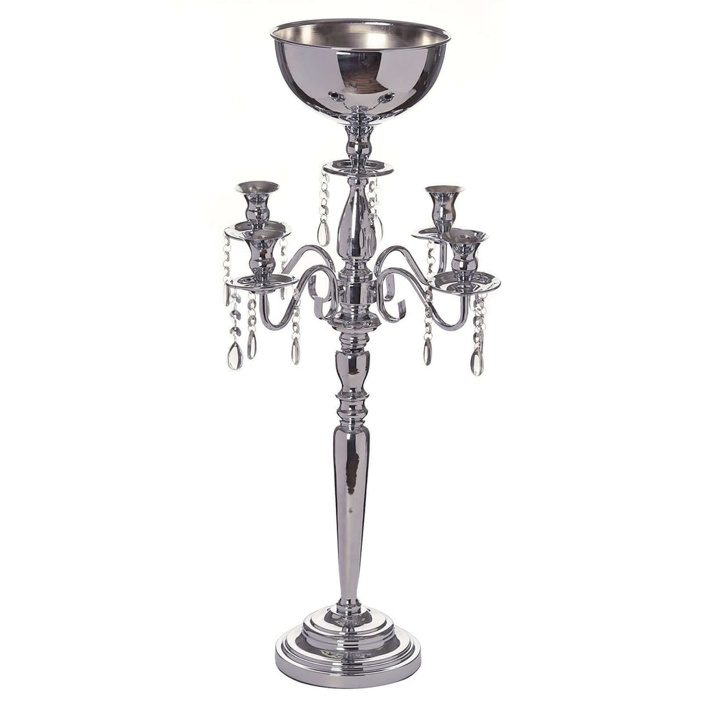 Metal Candelabra 33" 4 Arm Design Silver with Flower Vase Bowl - Table Centerpiece for Weddings